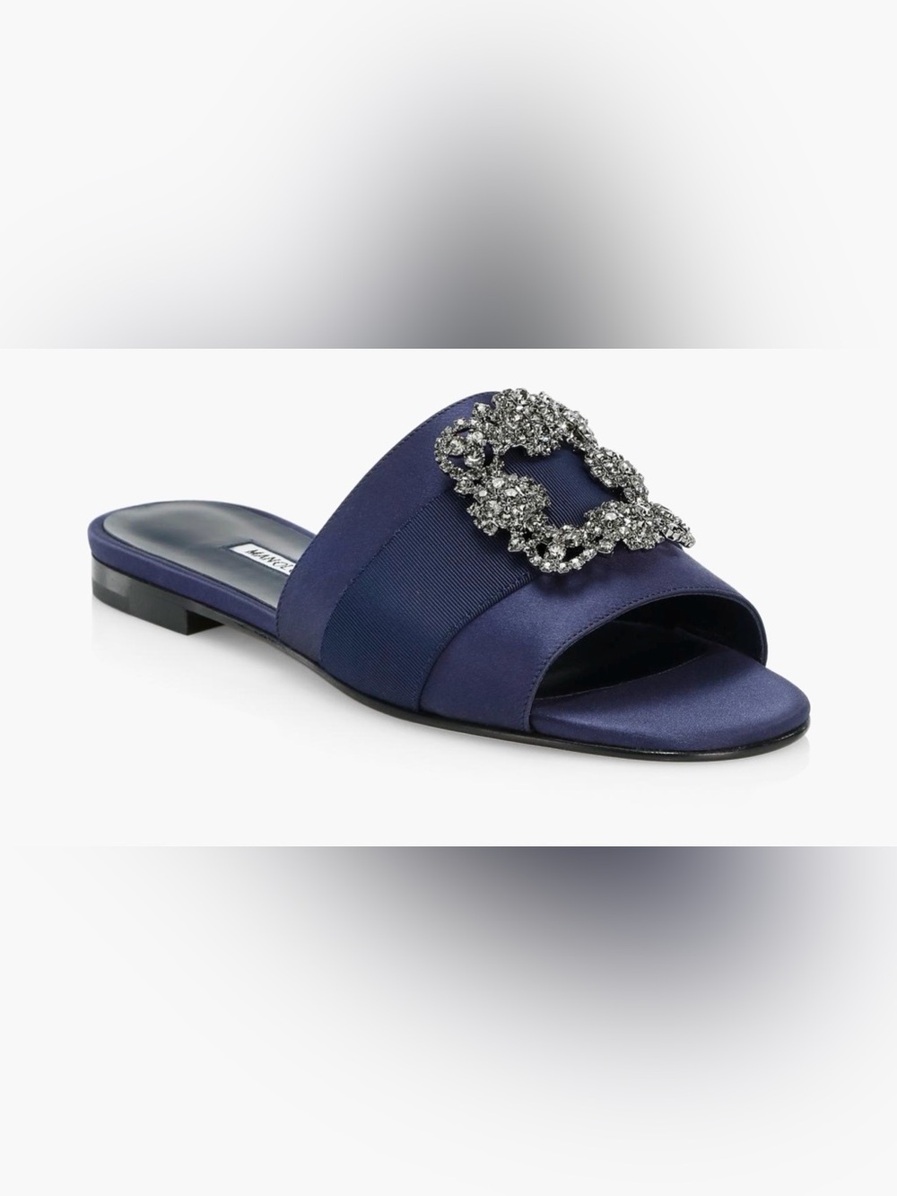 Manolo Blahnik Navy Satin Crystal Buckle Mules